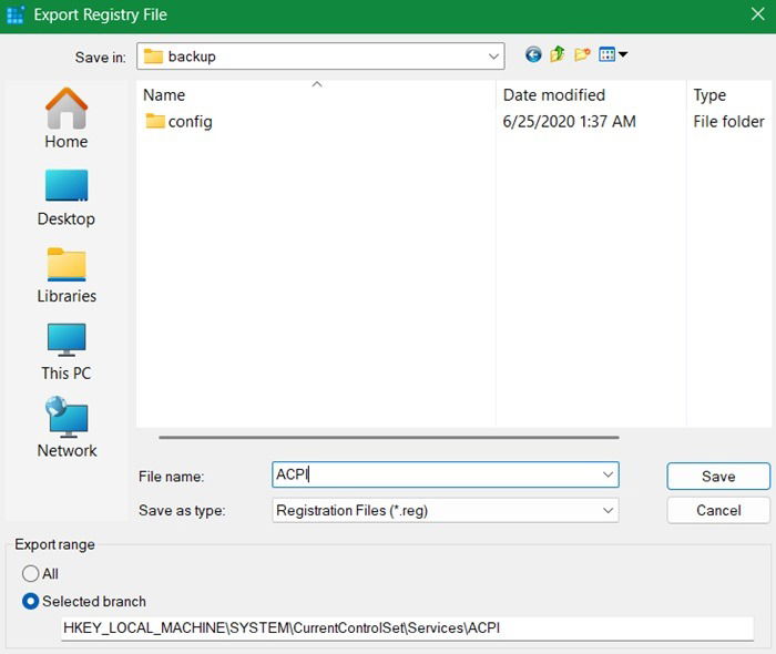 Enregistrer le fichier de registre acpi.sys dans un dossier local sur le PC Windows nommé