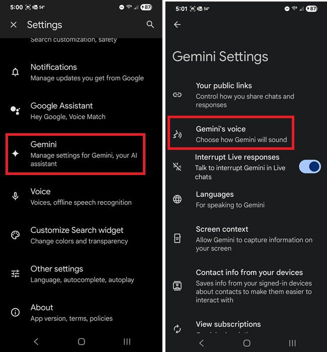 Changning Gemini's Voice From the Google App.