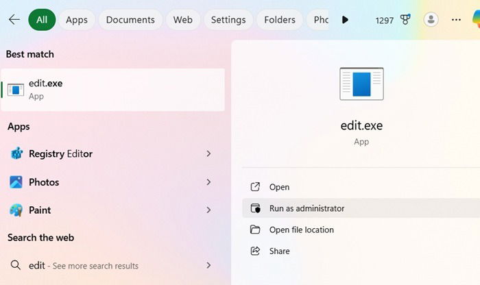 Modifier le dossier dans le menu de recherche, ouvert en mode administrateur.