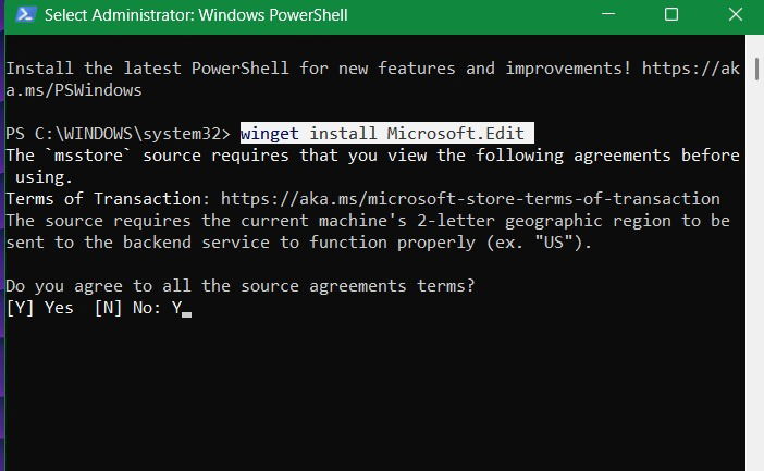 Commande d'installation Winget pour le logiciel Microsoft Edit.