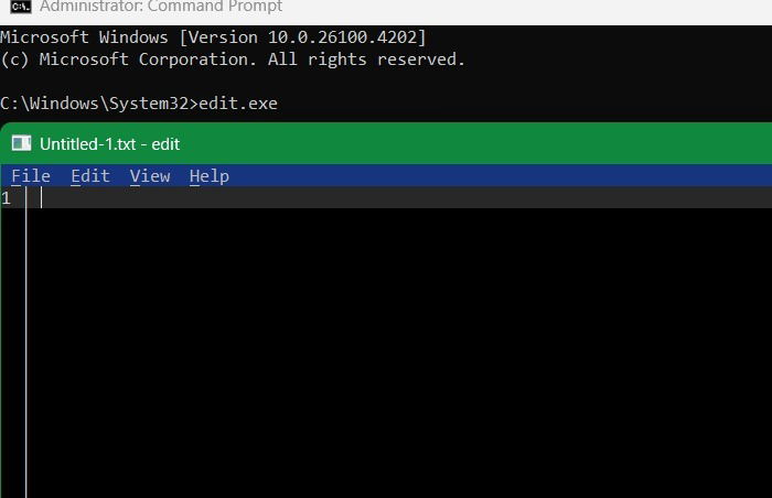 Microsoft Edit lancé à partir de l'invite de commande à
