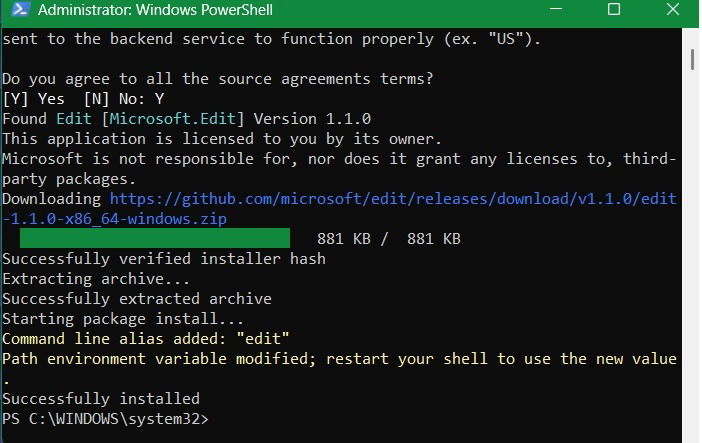 Installation réussie de l'application d'édition via Winget, avec un alias de ligne de commande ajouté.