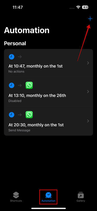 Création d'une nouvelle automatisation dans l'application Raccourcis sur iPhone.