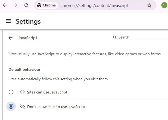 "Ne permettez pas aux sites d'utiliser JavaScript" Sous Paramètres JavaScript de Chrome.