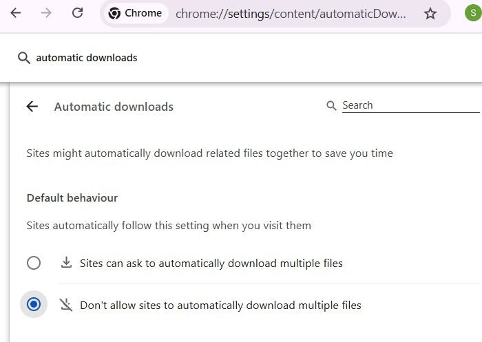 Aucun paramètre de téléchargements automatiques dans Google Chrome Browser.