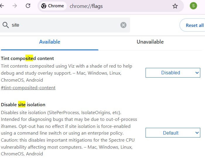 Isolement strict du site activé dans Google Chrome Flags comme