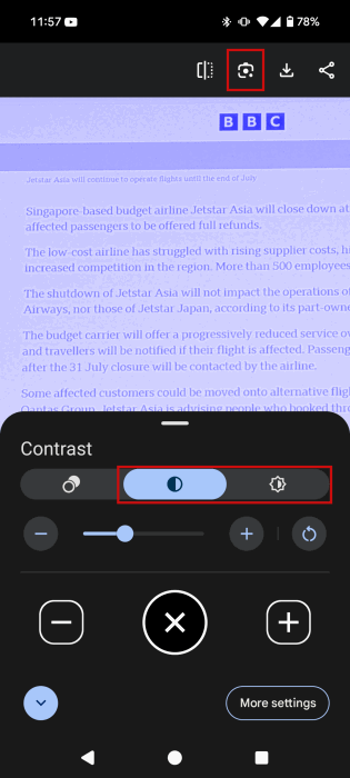 Jouer avec le contraste dans l'application Google Magnifier.