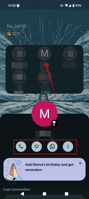 Tappant sur le contact dans le widget VIPS Pixel.
