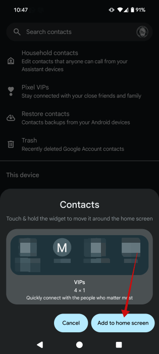 Ajout d'un widget d'écran d'accueil Pixel VIPS.