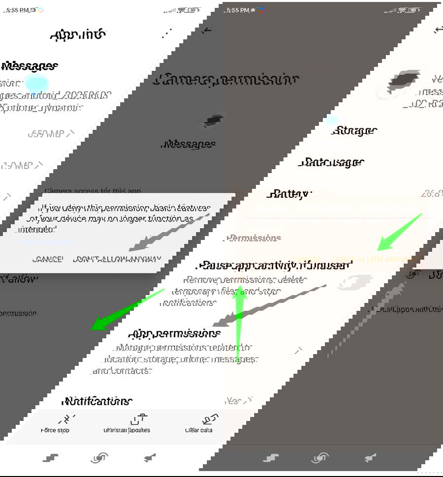 Désactivation des autorisations de caméra pour les messages Google