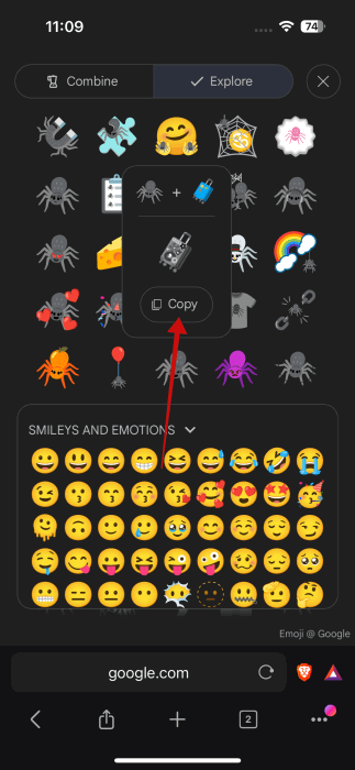Copie d'emoji à partir de l'onglet Explorer dans Emoji Kitchen sur le Web sur iPhone.
