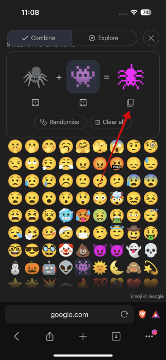 Appuyez sur le bouton Copie pour les emoji dans Tab Corloper dans Emoji Kitchen sur le Web sur iPhone.