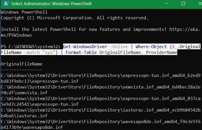 Obtenez une liste des pilotes System32 en mode PowerShell surélevé.