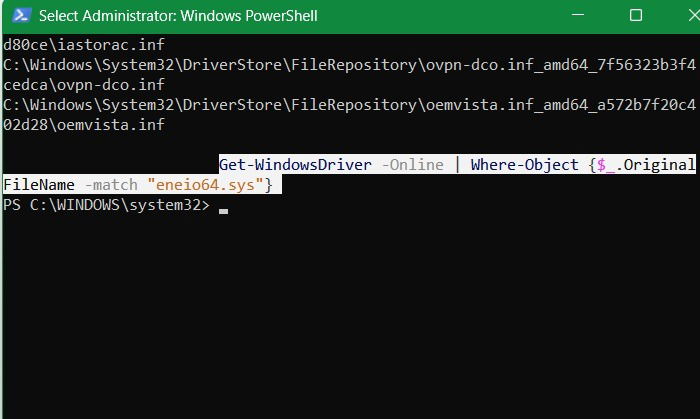 Recherche d'un loldriver spécifique à PowerShell, ENIO64.SYS