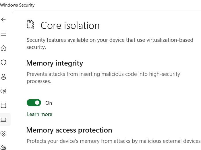 L'intégrité de la mémoire est activée sous l'isolement de base dans Windows Security.