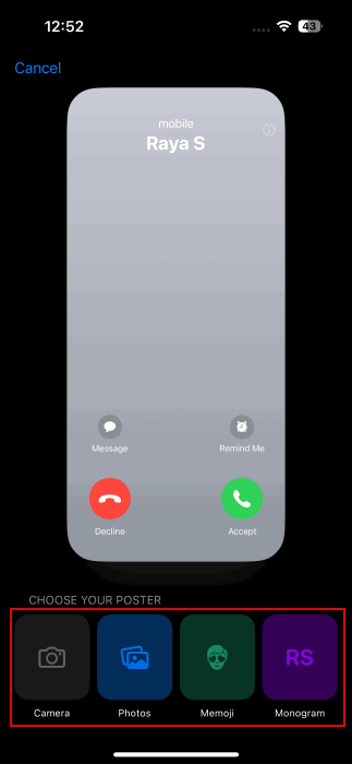 Choisir le type d'affiche pour une nouvelle affiche de contact sur iPhone.