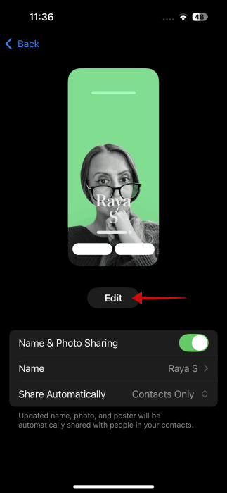Nouvelle vue de l'affiche de contact dans la page de contact de l'iPhone.