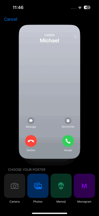 Sélection du type d'affiche pour un contact supplémentaire sur iPhone.