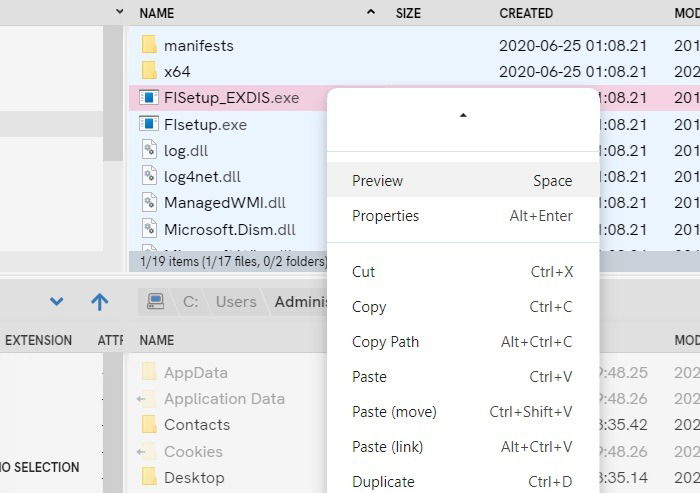 Liste des raccourcis clavier dans FileSide.