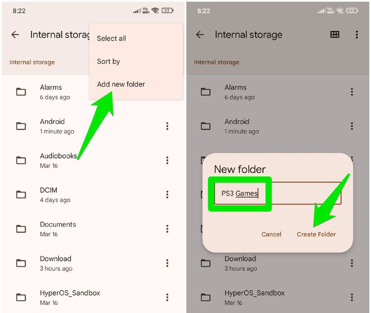 Création d'un nouveau dossier dans Android avec nom de jeux PS3