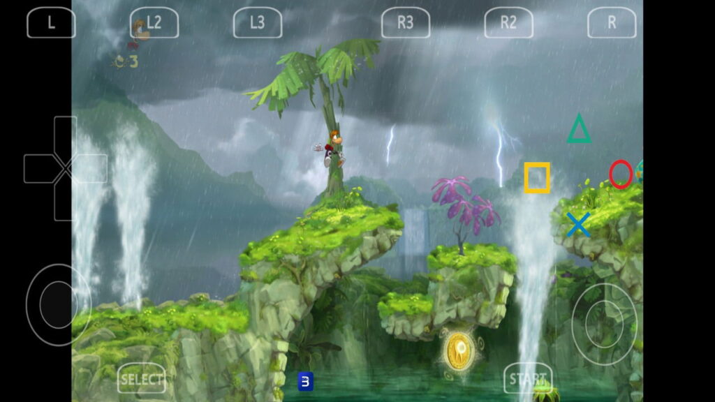 Rayman Origins playing on aPS3e with controls showing
