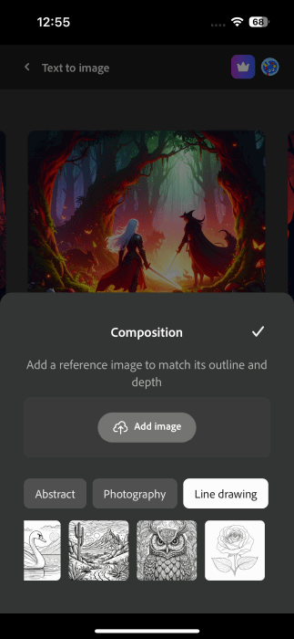 Vo à modifier la composition pour l'image générée dans l'application Firefly sur iPhone.