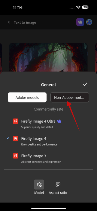Passer à un modèle génératif différent dans l'application Firefly sur iPhone.