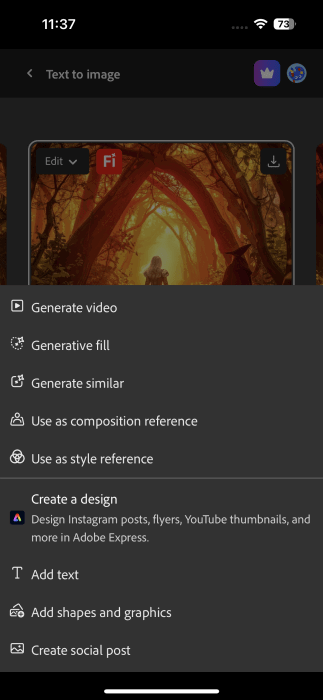 Édition d'options pour l'image générée dans l'application Firefly sur iPhone.