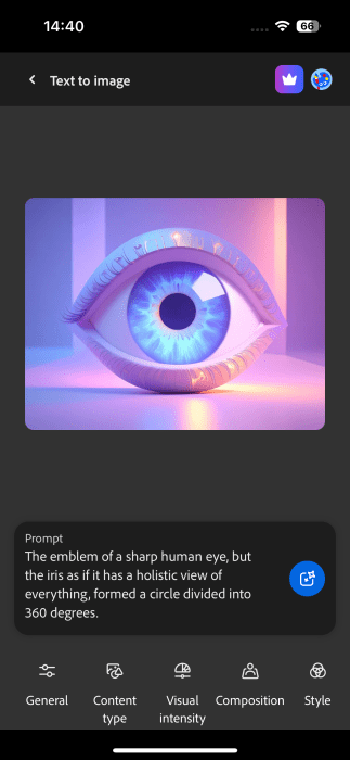 Affichage de l'invite pour l'image préfabriquée dans l'application Firefly sur iPhone.