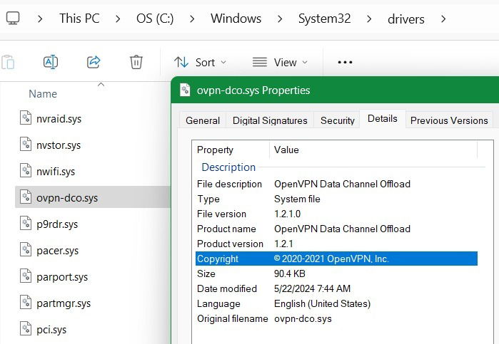 Localisation et ouvrir le pilote DCO d'OpenVPN sous System32.