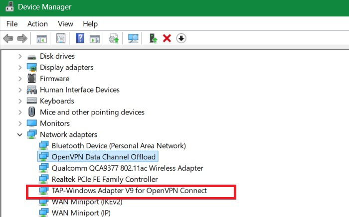 Localisation des pilotes DCO et Tap d'OpenVPN sous les adaptateurs réseau.