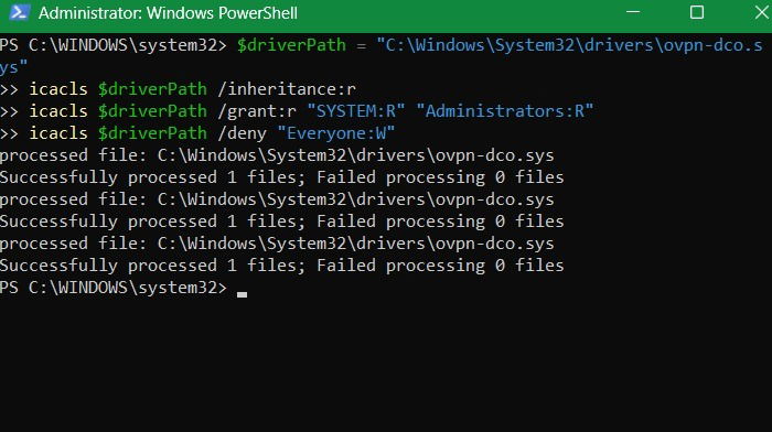 Le pilote DCO OpenVPN est empêché de modifier automatiquement les autorisations.