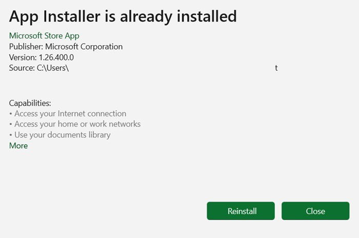 L'installateur de l'application est déjà installé sous Windows. Option pour réinstaller.