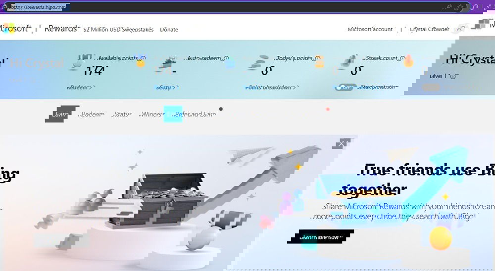 Ma page de récompense Microsoft Rewards.