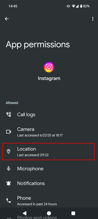 Accéder aux autorisations de localisation pour l'application Instagram sur Android.
