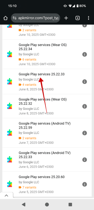 Sélection de la version ancienne de Google Play Services depuis APK Mirror.