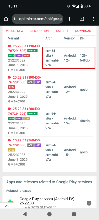 Détails pour l'ancienne version Google Play Services sur APK Mirror.