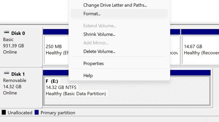 Cliquez avec le bouton droit sur un espace d'entraînement USB dans la gestion du disque 