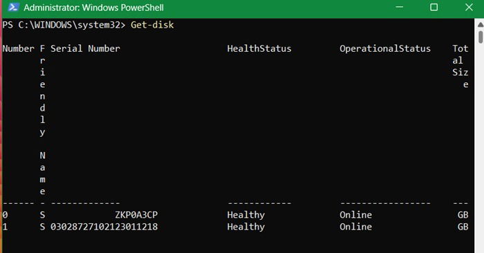 La commande Get-Disk dans PowerShell répertorie tous les disques, y compris le lecteur USB comme 