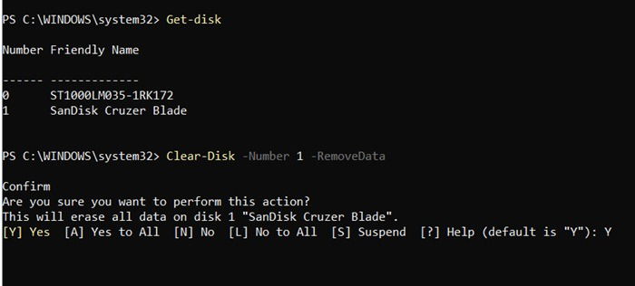 Commandement effacer dans PowerShell pour formater un disque USB et le confirmer avec Y.