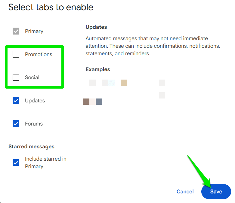Paramètre de sélection de l'onglet Gmail