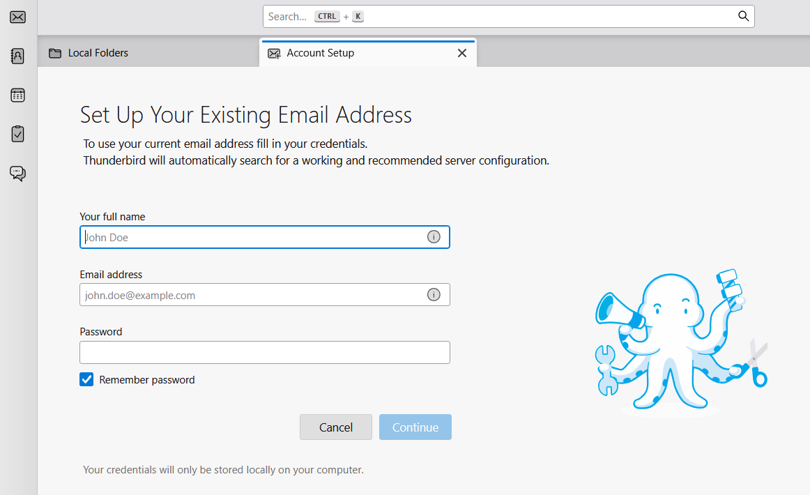 Interface principale Thunderbird affichant l'option de connexion par e-mail