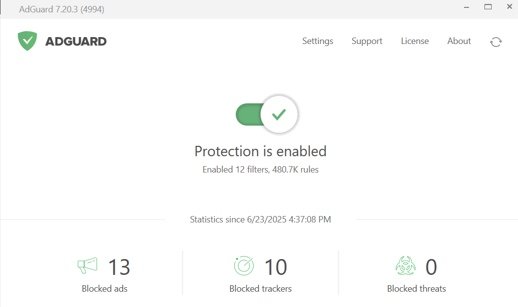 Interface principale Adguard Desktop avec bascule activée