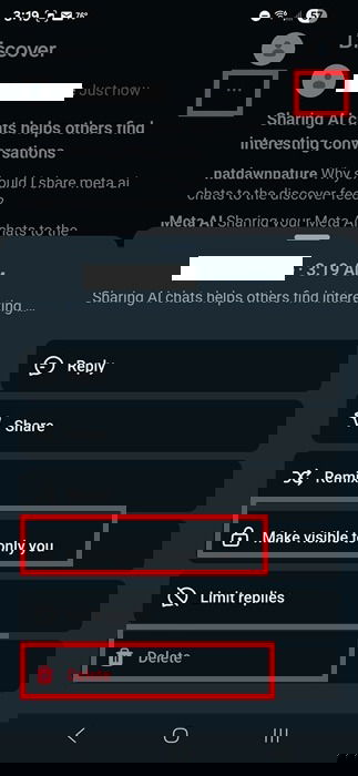 Suppression d'un post sur le flux de découverte de Meta AI.