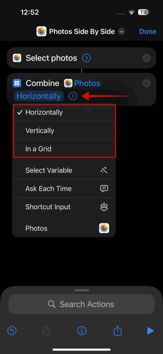 Modification du paramètre pour l'action dans l'application Raccourcis sur iPhone.