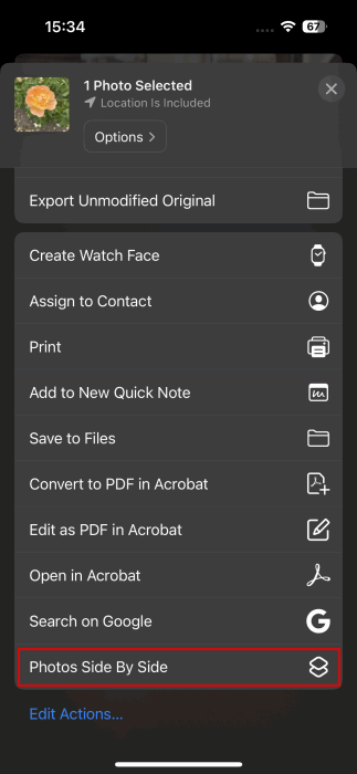 Sélection de l'option de raccourci pour la photo sélectionnée dans l'application Photos sur iPhone.