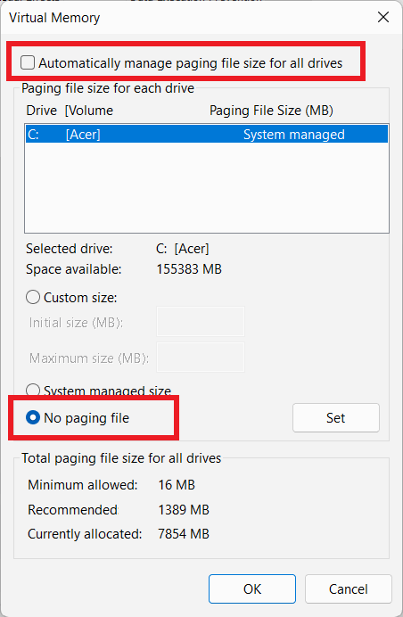 Désactiver les fenêtres du fichier de pagination