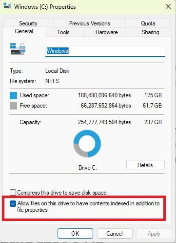 Boîte d'indexation de démontage dans Windows.
