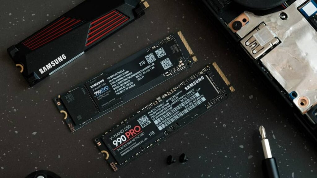 Samsung SSDs on table.
