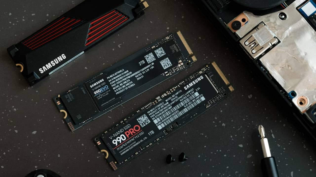 Samsung SSDs on table.